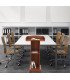 A wooden conference lectern in front of a conference table and six chairs