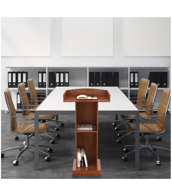 A wooden conference lectern in front of a conference table and six chairs