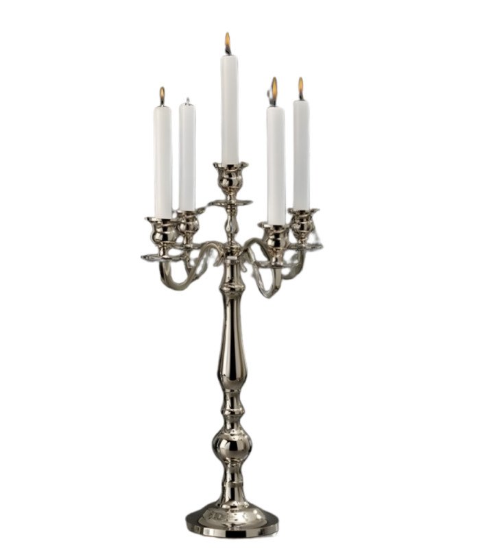 Silver 5-branch candlestick, height 50 cm, placed on a reception table.