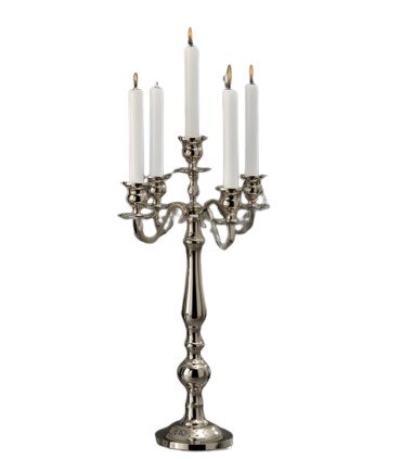 Silver 5-branch candlestick, height 50 cm, placed on a reception table.