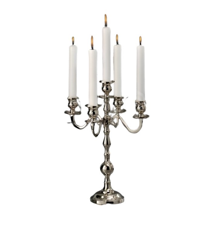 Silver 5-branch candelabra, 35 cm high, placed on a reception table.