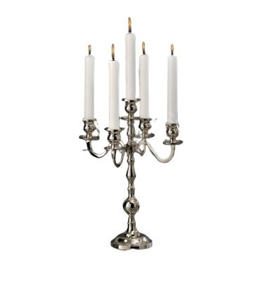 Silver 5-branch candelabra, 35 cm high, placed on a reception table.