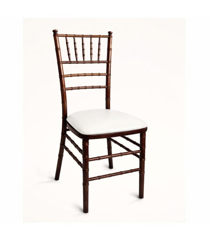 Rental of a Chiavari chair in brown mahogany wood with a white fabric cushion