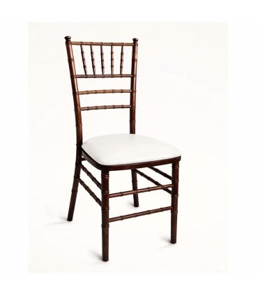 Location chaise chiavari en bois acajou marron et galette tissu blanc