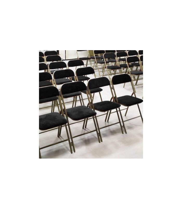 Black folding chair with inter-row connecting bar