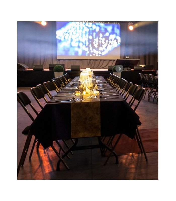 Black folding chair with inter-row connecting bar