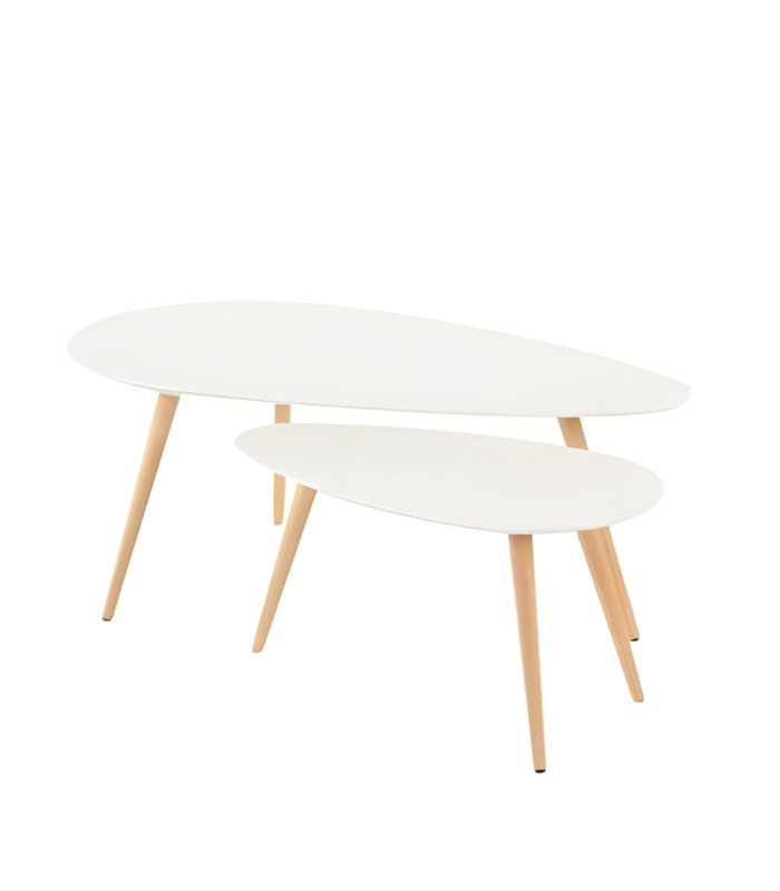 Tables basse gigogne blanche scandinave avec plateau blanc et pieds en bois clair sur fond blanc