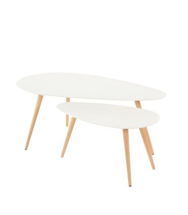 Scandinavian white nesting coffee tables with white tops and light wood legs on a white background