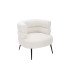 White bouclé designer armchair in textured fabric with black metal legs on a white background