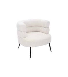 White bouclé designer armchair in textured fabric with black metal legs on a white background