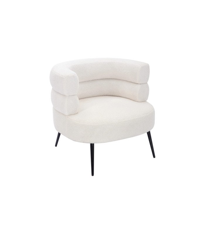 White bouclé designer armchair in textured fabric with black metal legs on a white background