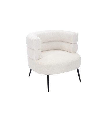 White bouclé designer armchair in textured fabric with black metal legs on a white background