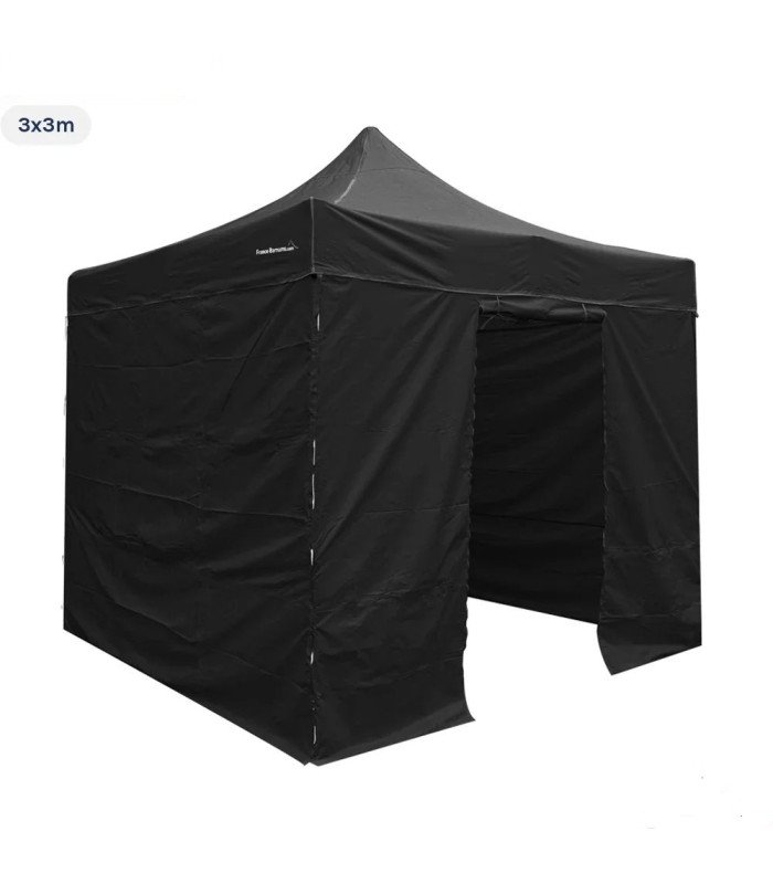 Black pop-up canopy tent rental, 3 x 3 m, set up with door and 3 side walls, 9 m² enclosed shelter by 126 Events