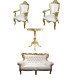 A gold and white set featuring a gold armchair, a matching bench, and a round side table white background.