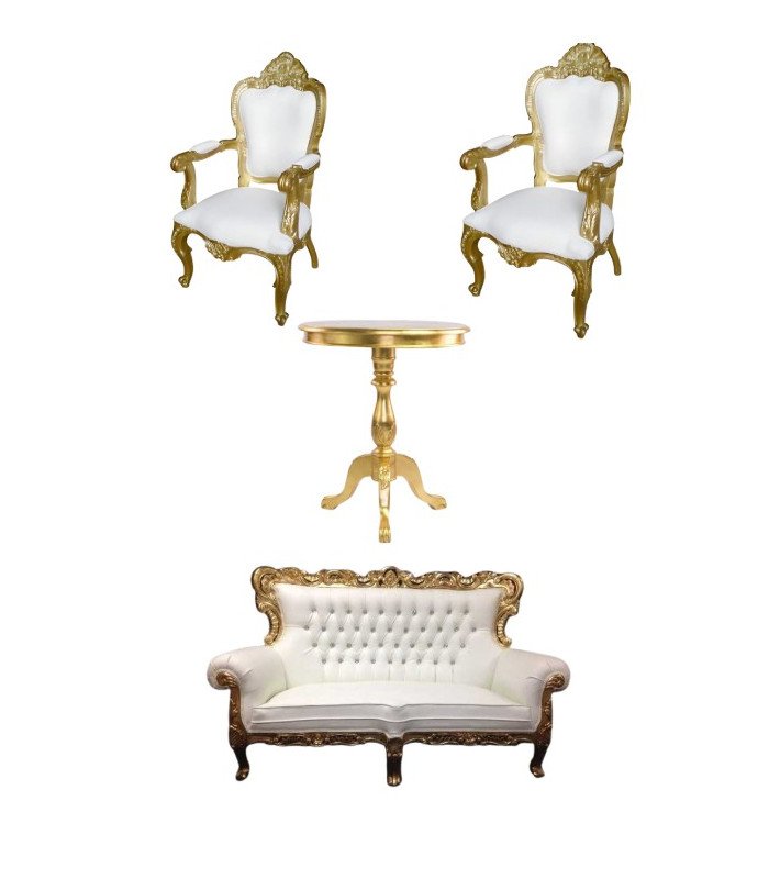 A gold and white set featuring a gold armchair, a matching bench, and a round side table white background.