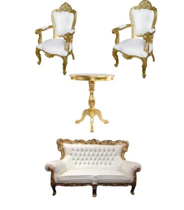 A gold and white set featuring a gold armchair, a matching bench, and a round side table white background.