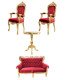 Pack doré et velours rouge avec fauteuils baroques, banquette rouge et guéridon doré sur fond blanc.
