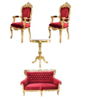 A gold and red velvet pack with Baroque armchairs, a red bench, and a gold pedestal table against a white background.