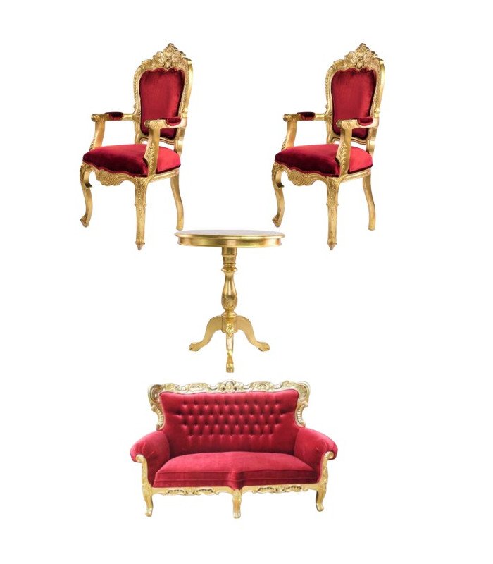 Pack doré et velours rouge avec fauteuils baroques, banquette rouge et guéridon doré sur fond blanc.