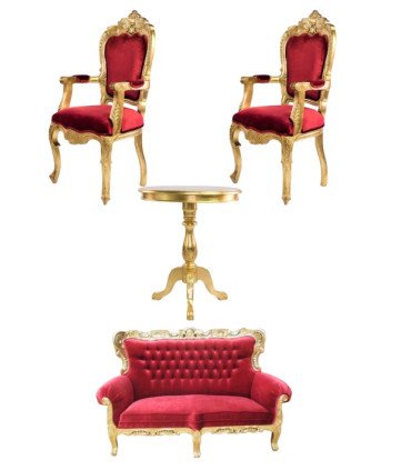A gold and red velvet pack with Baroque armchairs, a red bench, and a gold pedestal table against a white background.