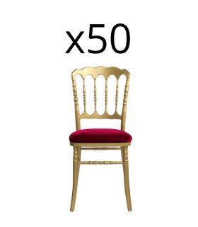 Pack 50 chaises Napoléon en bois doré avec galette rouge sur fond blanc