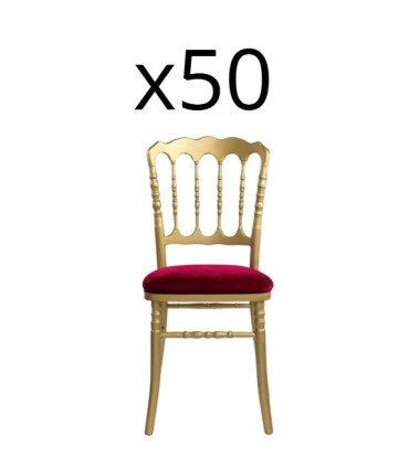 Pack 50 chaises Napoléon en bois doré avec galette rouge sur fond blanc