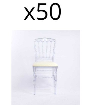 Pack 50 chaises Napoléon III transparentes avec galettes blanches installées pour réception événementielle élégante