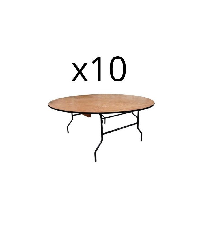 Pack 10 tables rondes pliantes Ø 152 cm en bois sur fond blanc pour réception événementielle