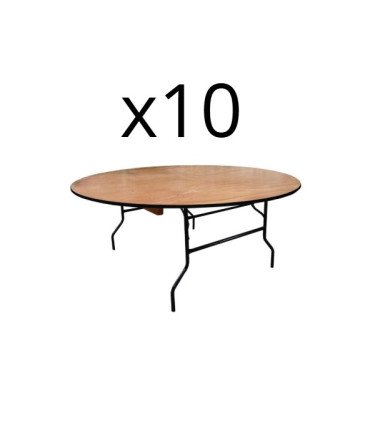Pack 10 tables rondes pliantes Ø 152 cm en bois sur fond blanc pour réception événementielle