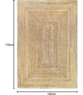 Rectangular jute rug, 120 x 170 cm, displayed on the floor against a white background with dimensions indicated