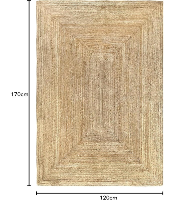 Tapis rectangulaire en toile de jute 120 x 170 cm posé au sol sur fond blanc avec indication des dimensions
