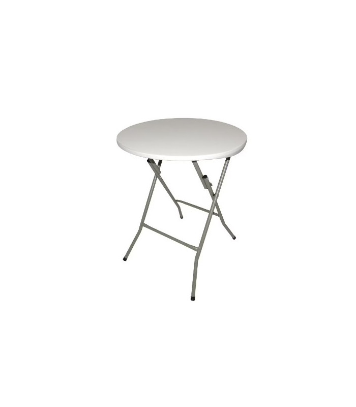 Round folding bistro table with a white plastic top on a white base