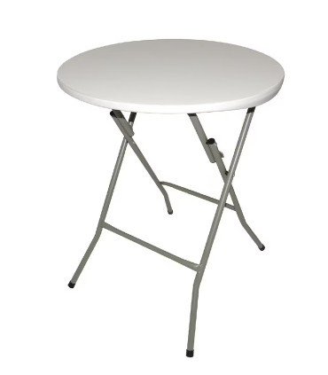 Round folding bistro table with a white plastic top on a white base