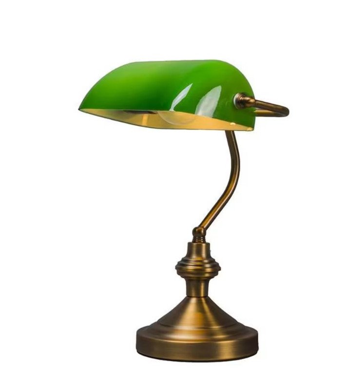 Classic notary's lamp in bronze and green glass set against a white background