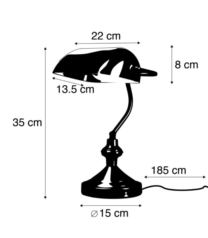 Classic notary lamp in bronze and glass, shown in black and white with dimensions indicated