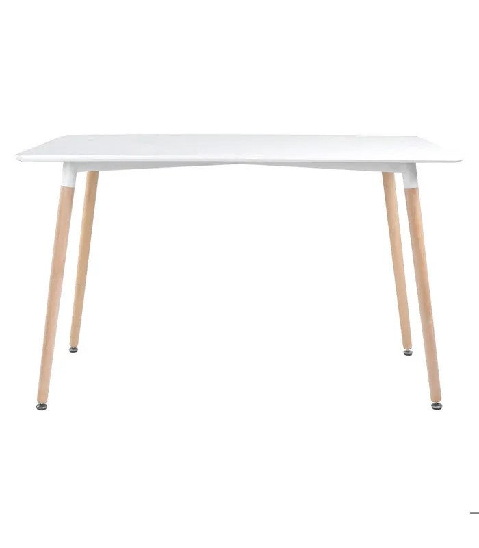 Table scandinave 120 × 70 cm blanche PIA de face avec plateau blanc et pieds en bois de hêtre sur fond blanc