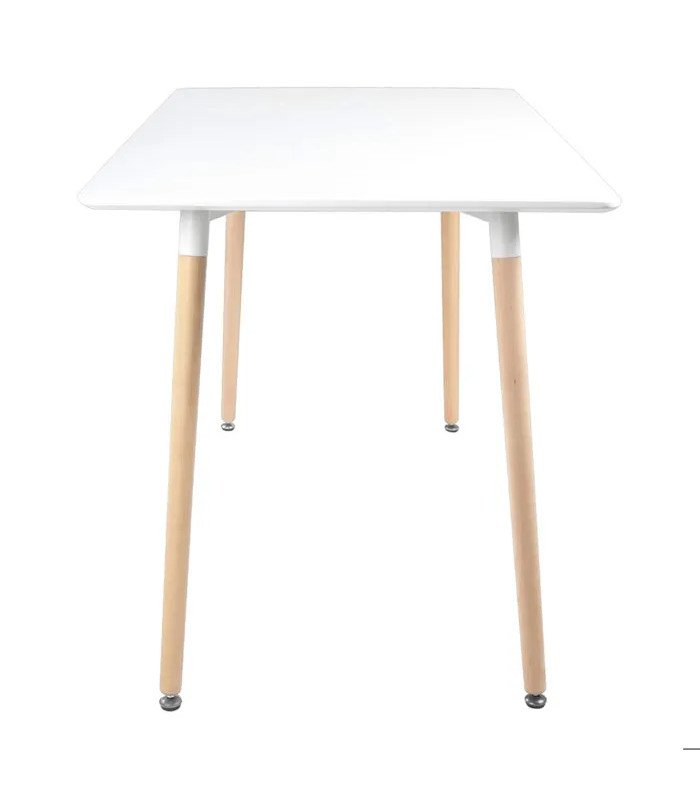 Table scandinave 120 × 70 cm blanche PIA vue de côté avec structure rectangulaire et pieds obliques en bois clair sur fond blanc