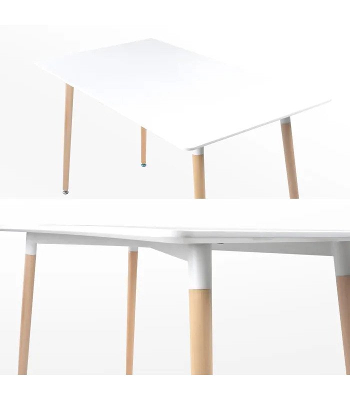 Détail des angles de la table scandinave 120 × 70 cm blanche PIA avec plateau blanc et finition en bois de hêtre
