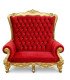 Canapé trône baroque 2 places rouge et or, vue de face en intérieur, assise velours rouge et cadre doré
