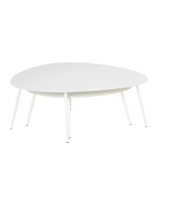 Table basse gigogne blanche style scandinave en métal blanc empilée sur fond neutre pour location événementielle