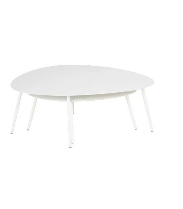 Table basse gigogne blanche style scandinave en métal blanc empilée sur fond neutre pour location événementielle