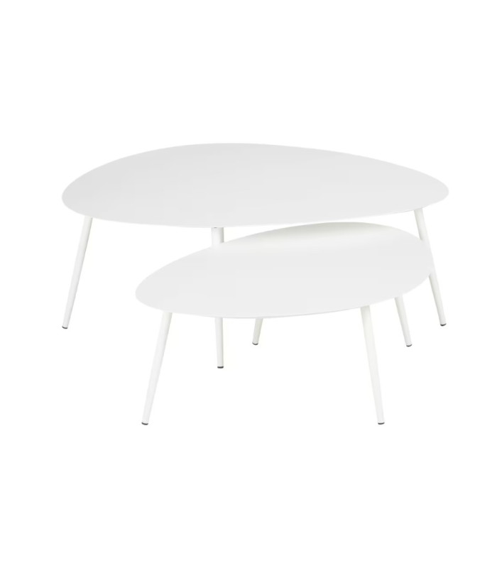 Table basse gigogne blanche style scandinave en métal blanc disposée côte à côte pour aménagement lounge événementiel