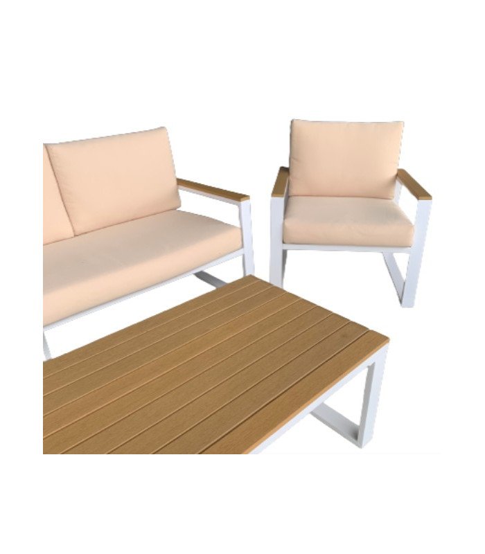 Pack canapé fauteuils table basse Marina en acier blanc mat sur fond blanc