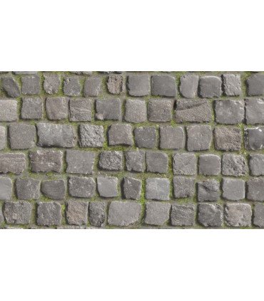 Parisian cobblestone-style roll-out flooring with an antique cobblestone pattern on a white background for events
