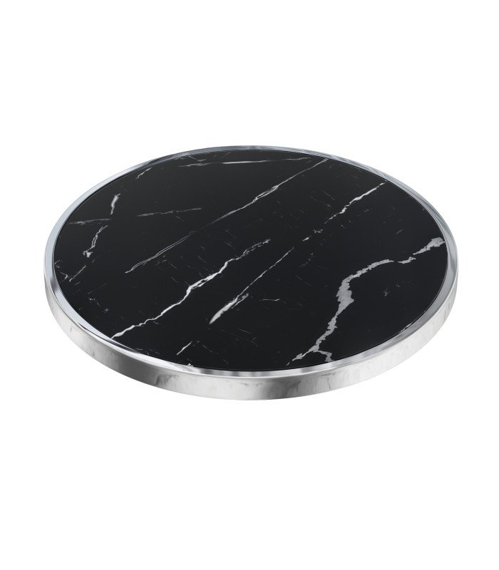 Black tray with a white-veined marble effect and silver trim, Ø 50 cm