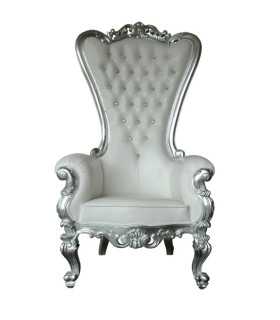 Silver and white upholstered wedding throne with rhinestones on a white background
