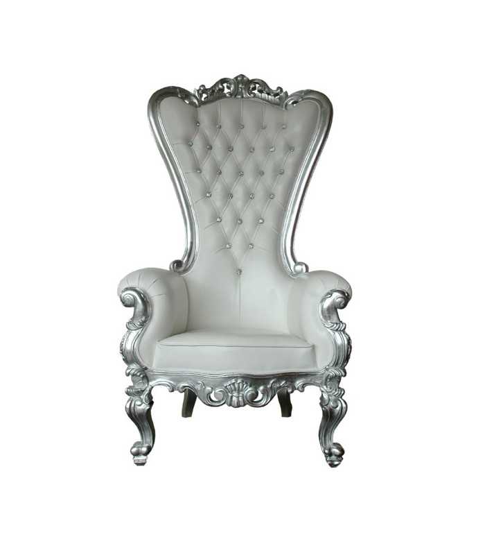 Silver and white upholstered wedding throne with rhinestones on a white background