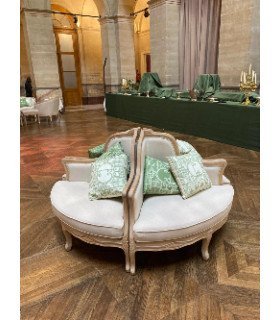 Round wedding sofa rental, whitewashed and beige linen fabric