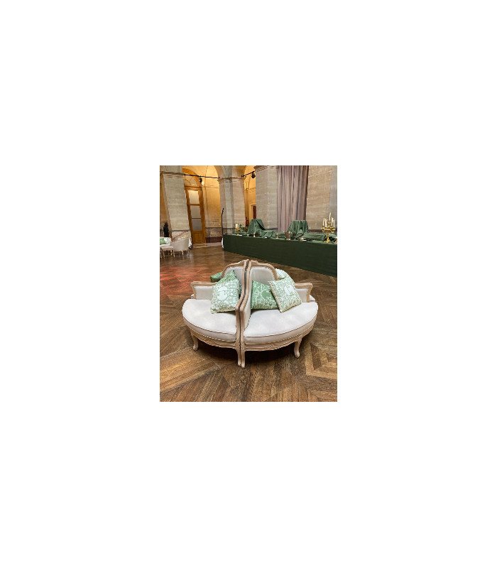 Round wedding sofa rental, whitewashed and beige linen fabric