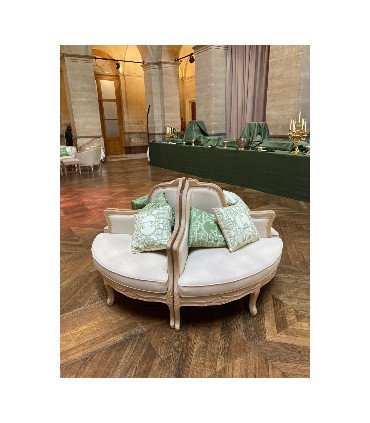 location canapé rond mariage cérusé et tissu lin beige